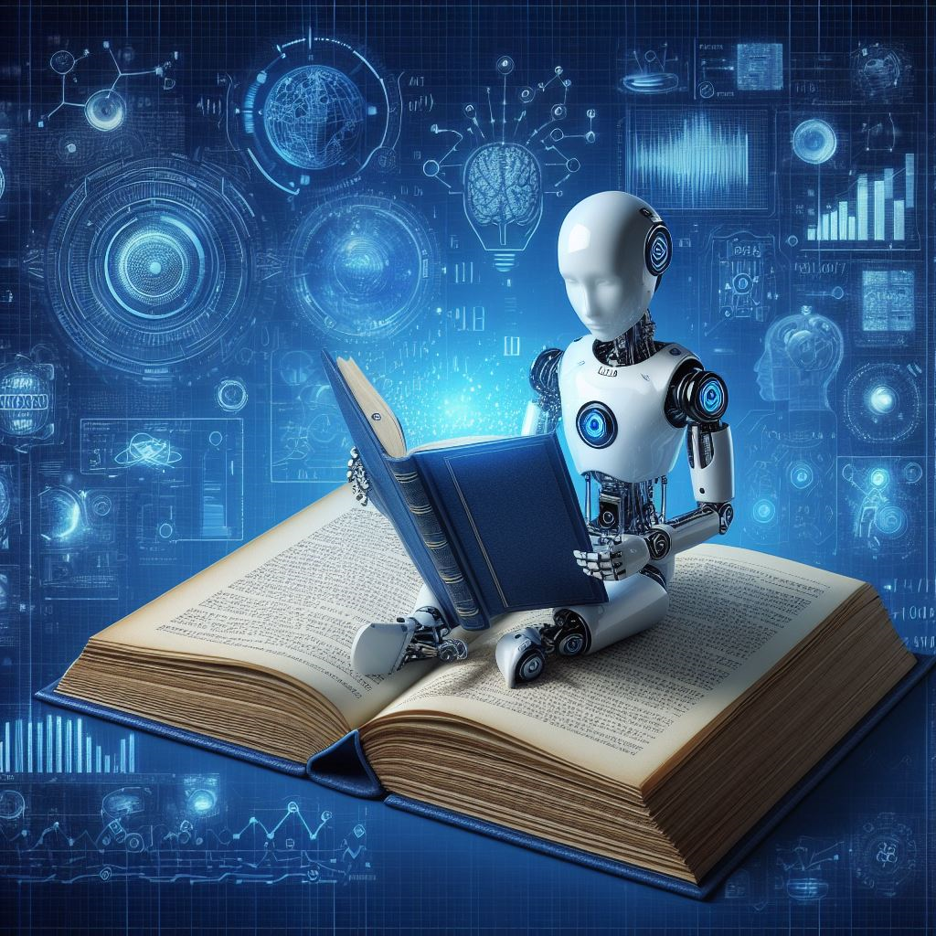 Illustration of a robot sitting on a book and reading. Blue colours.